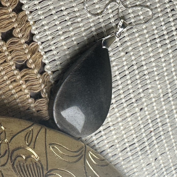 Natural Silver Sheen Black ObsidianTeardrop Pendant Necklace - Picture 1 of 8
